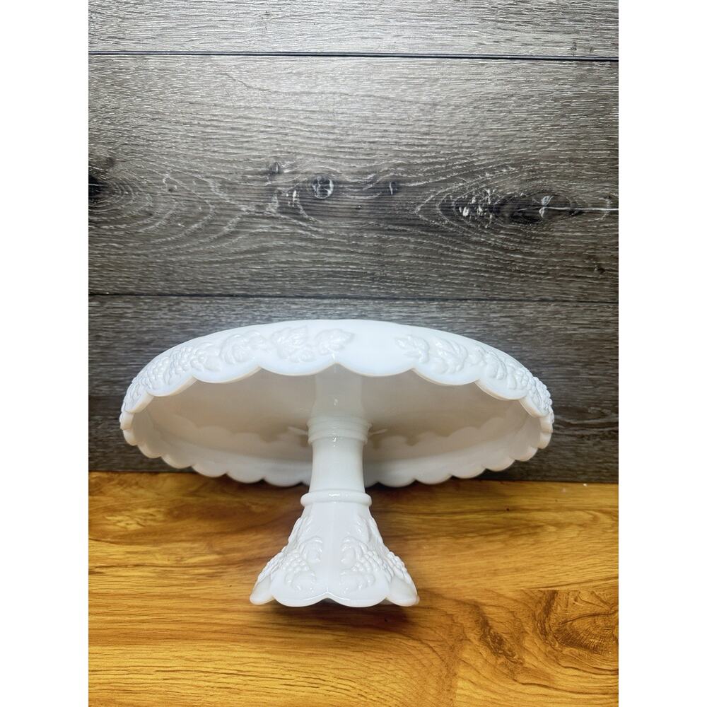 Vintage Westmoreland Milk Glass Cake Stand Paneled Grape Pattern Pedestal 11.5"